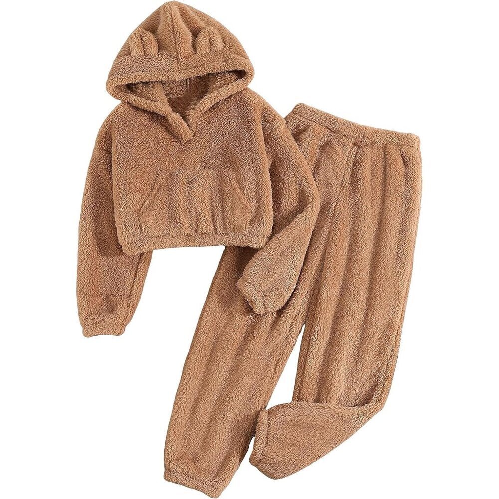 Girls Fuzzy Bear Ear Plaid Hoodie Pullover Sweatshirt with Pocket Sweatpants Fal